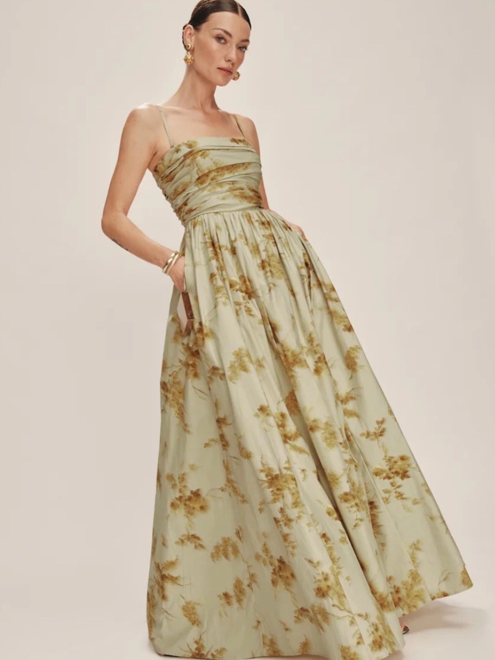 Reformation Sage Green Floral Strap Dress with Gold-Brown Print - Picture 1 of 13